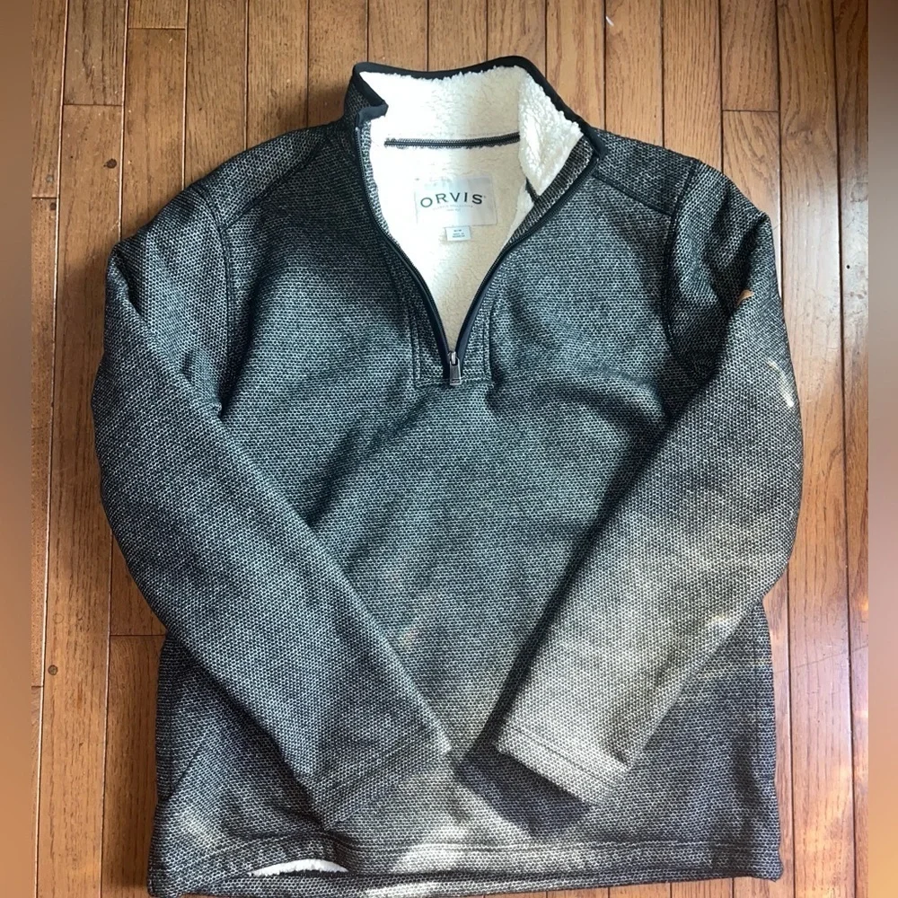 Orvis Men's Size M Pullover Sweater Quarter Zip Sherpa Lined Warm Gray Medium - Picture 2 of 5